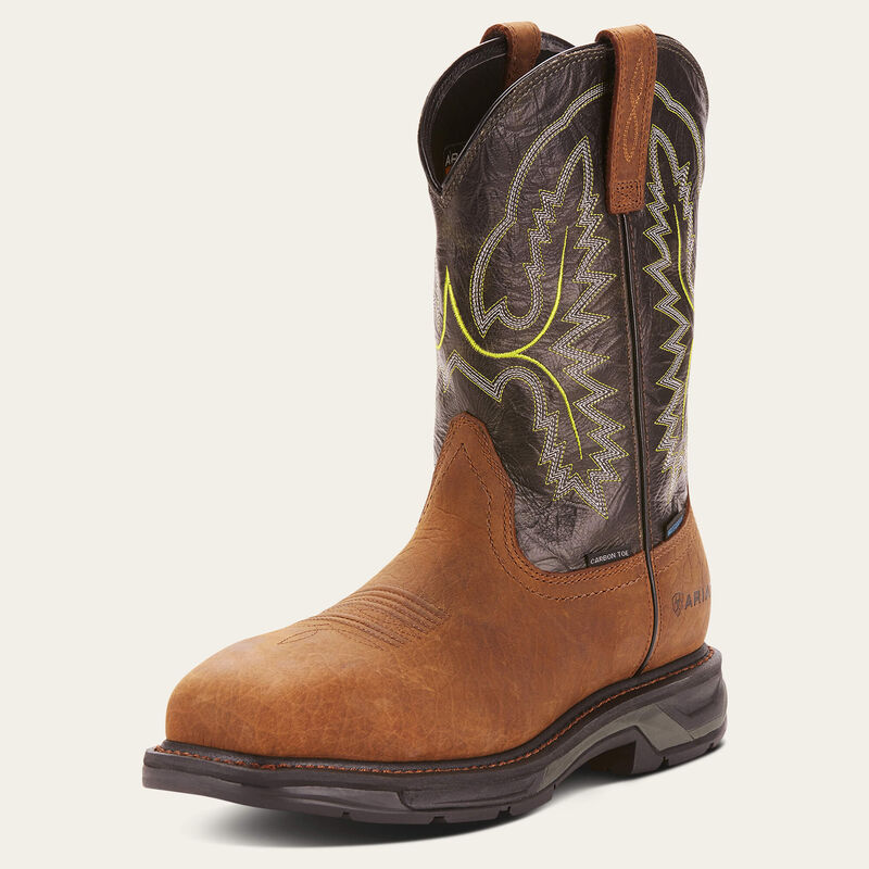 Brown cowboy boot with intricate design on a white background