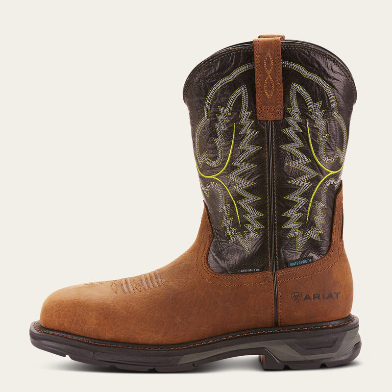 Brown cowboy boot with intricate stitching on a white background