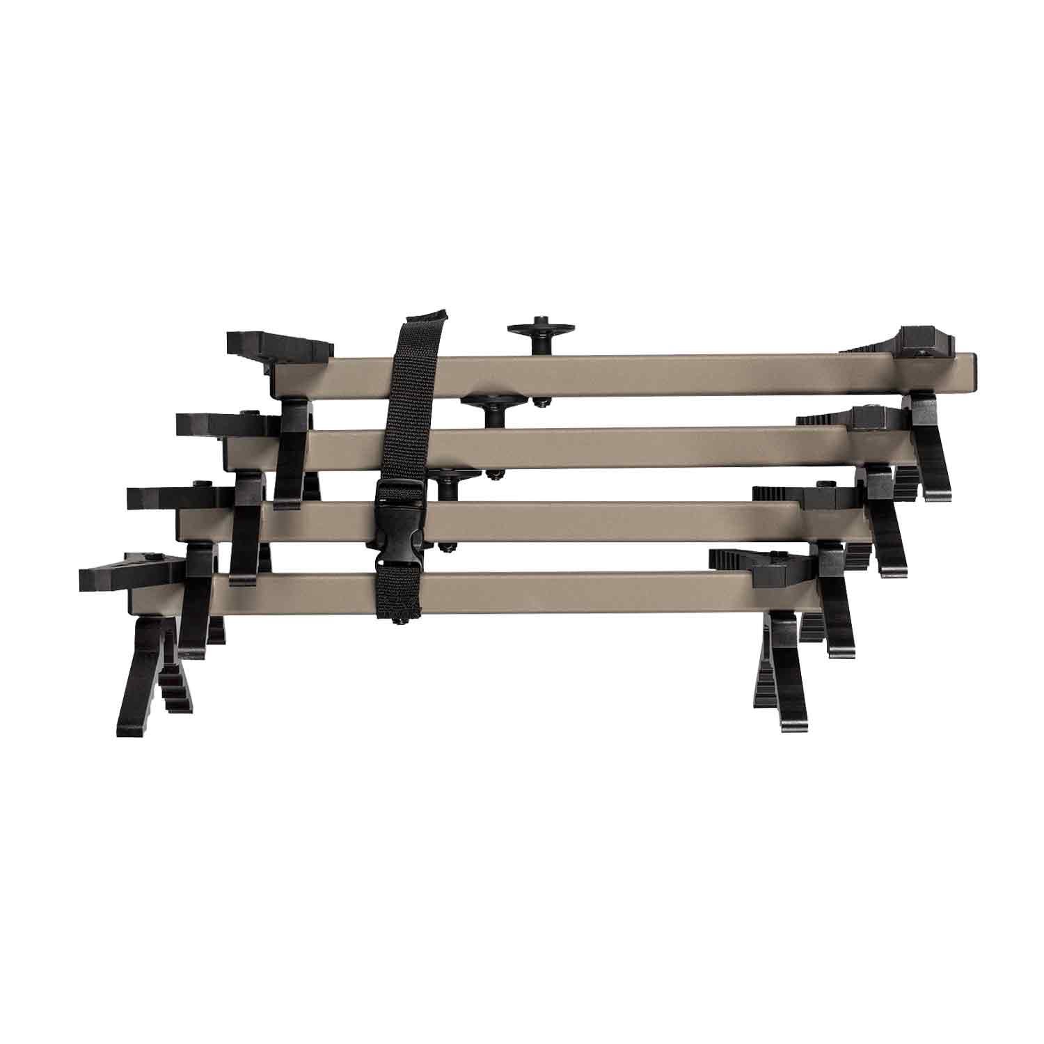 brown climbing sticks with black steps stacked on top of each other on a white background