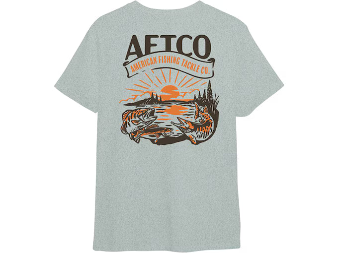 grey shirt with aftco logo and fish on a white background