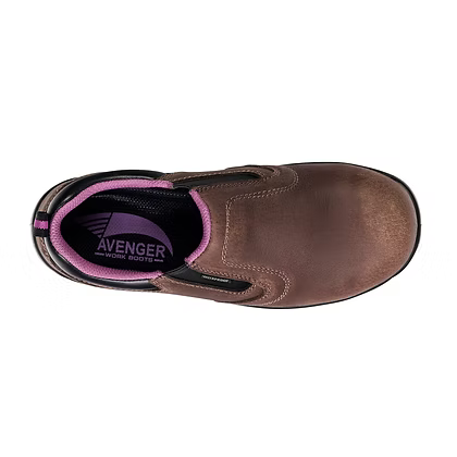 brown shoe with pink accents with avenger brand on a white background