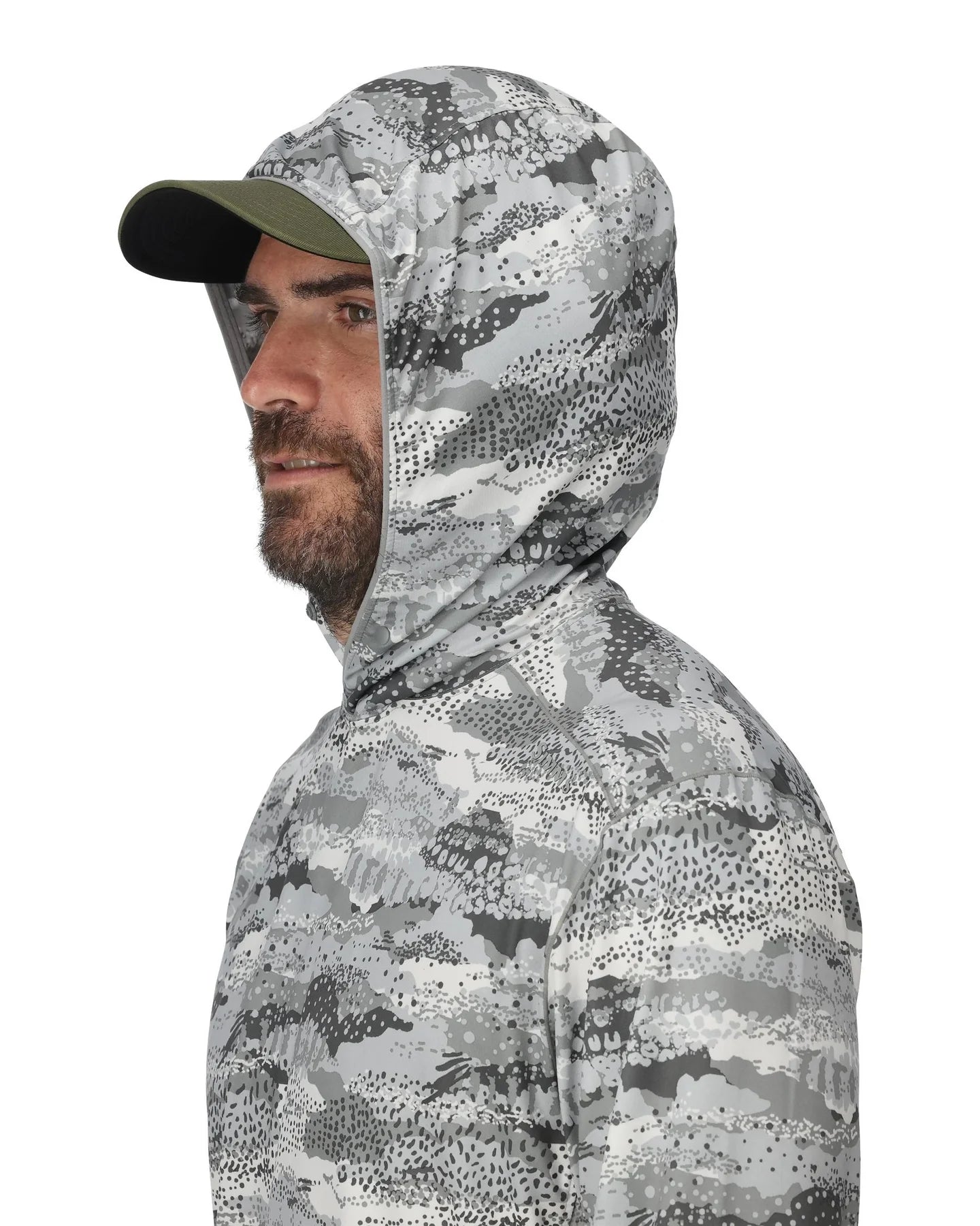 Man wearing a camouflage hoodie on a white background