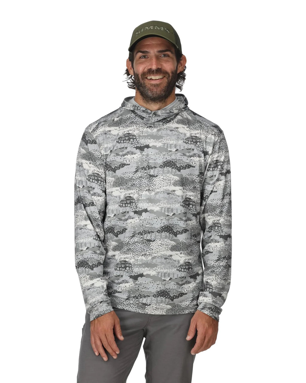 Man wearing a camouflage hoodie and cap on a white background