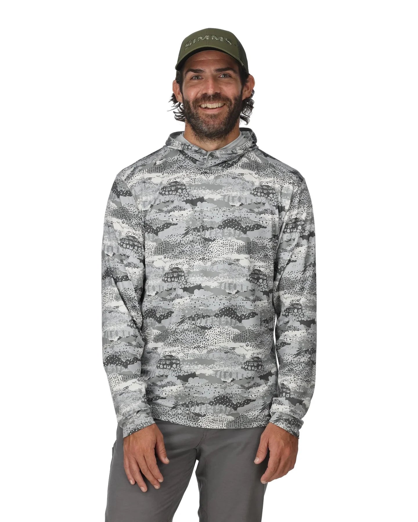 Man wearing a camouflage hoodie and cap on a white background