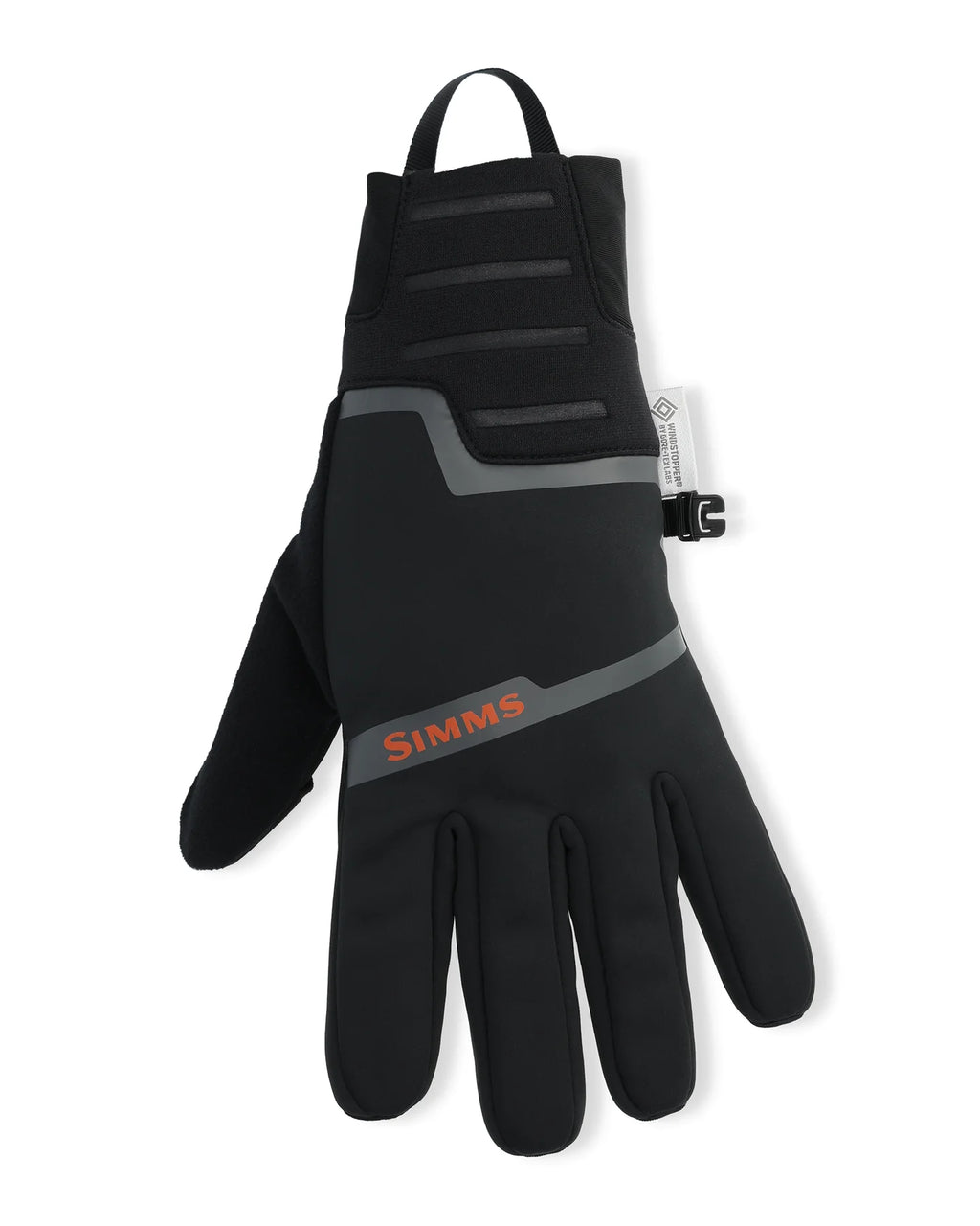 Black and gray glove with 'Simms' branding on a white background