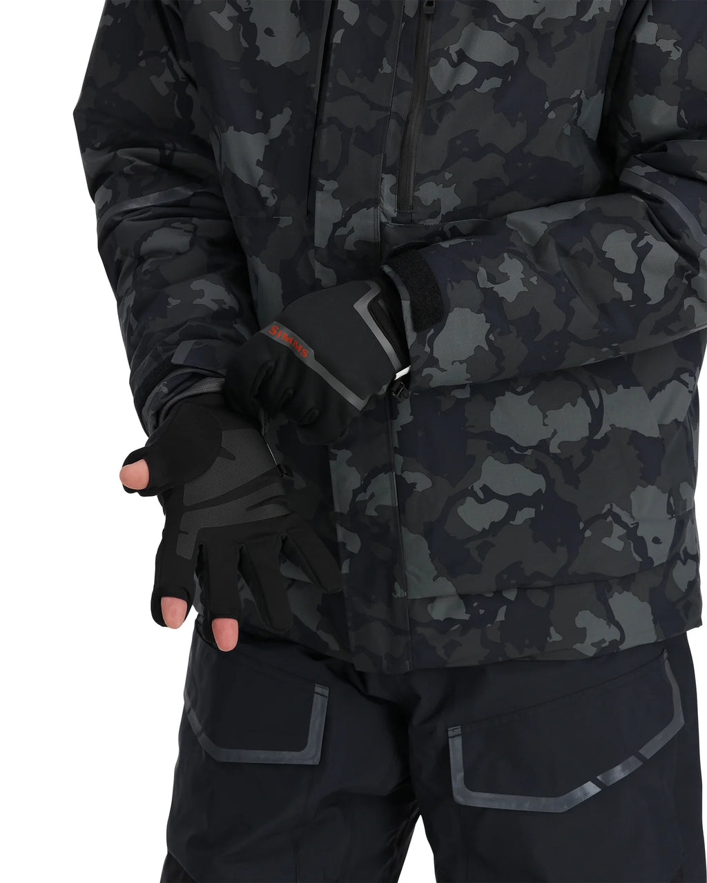 Black camouflage jacket and gloves on a white background