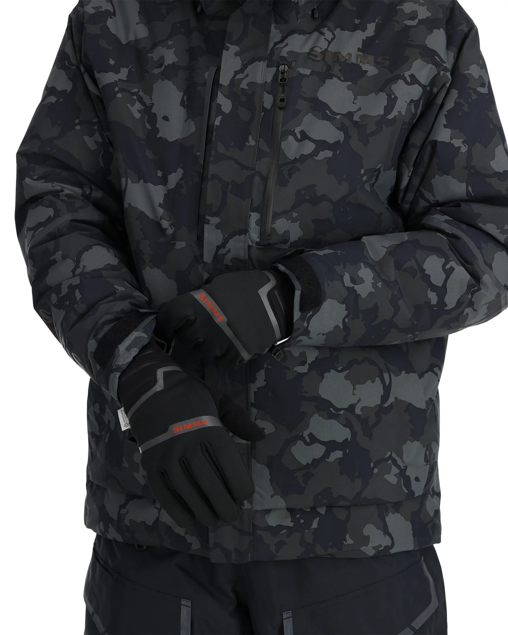 Person wearing a black camouflage jacket and gloves on a white background