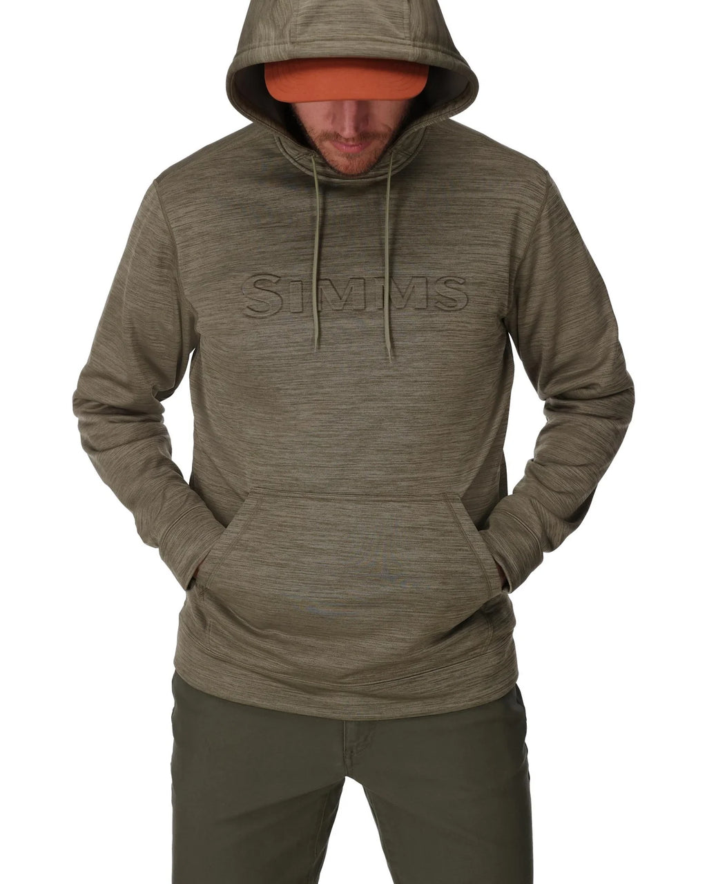 Person wearing a brown hoodie with  branding on a white background