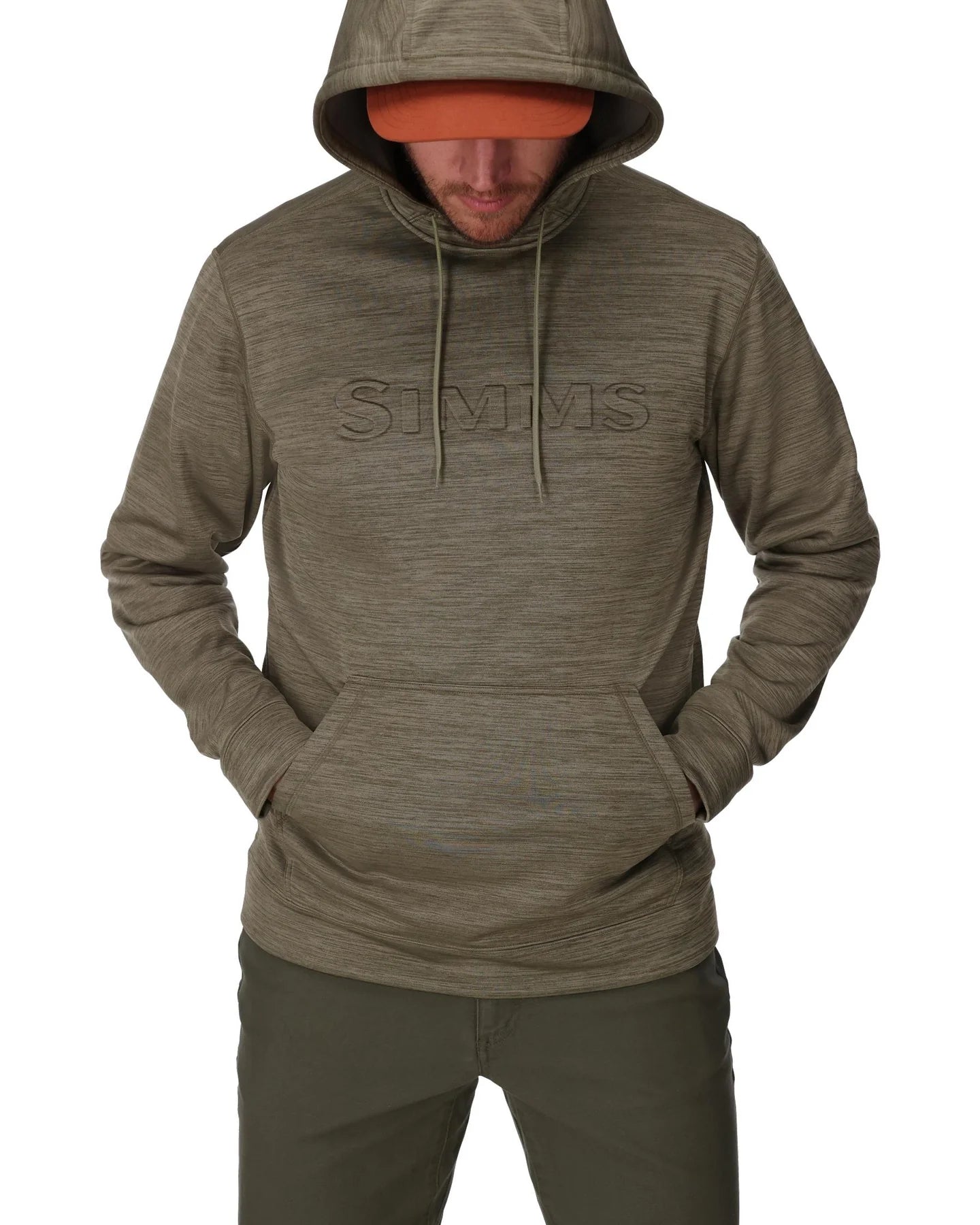 Person wearing a brown hoodie with  branding on a white background