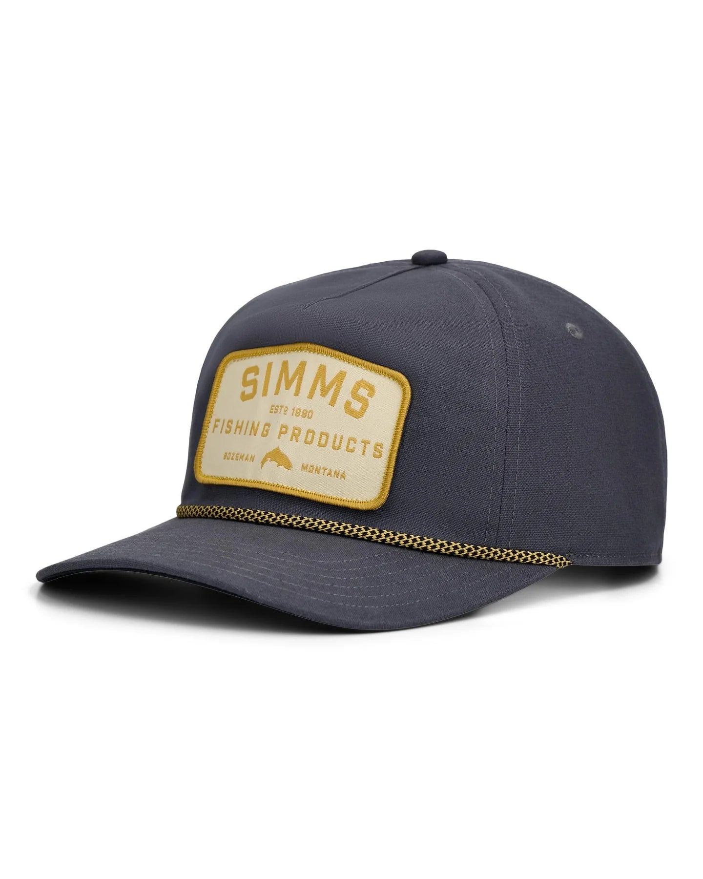 Blue hat with white and yellow patch with visible brand on a white background
