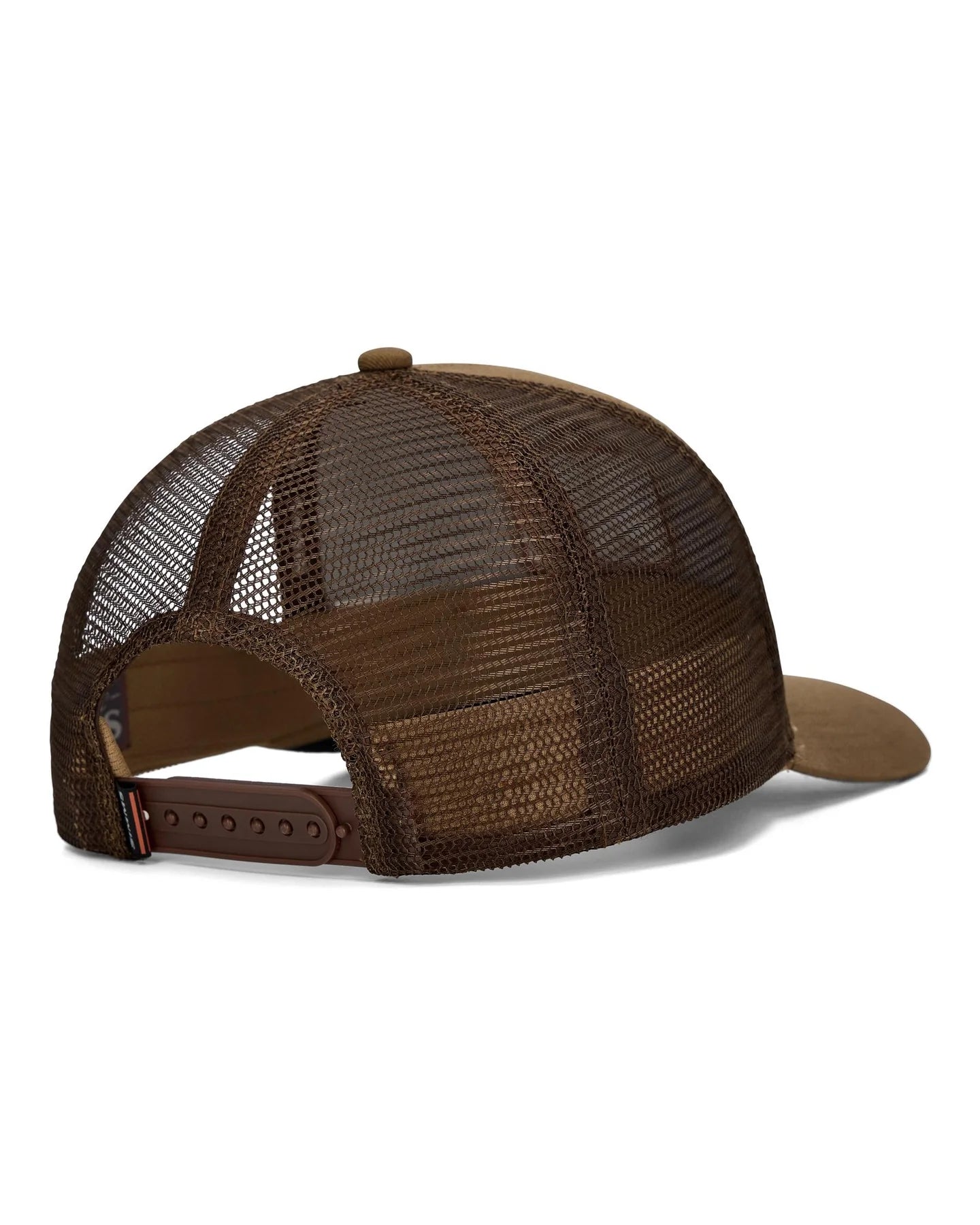 Brown mesh cap with leather strap on a white background