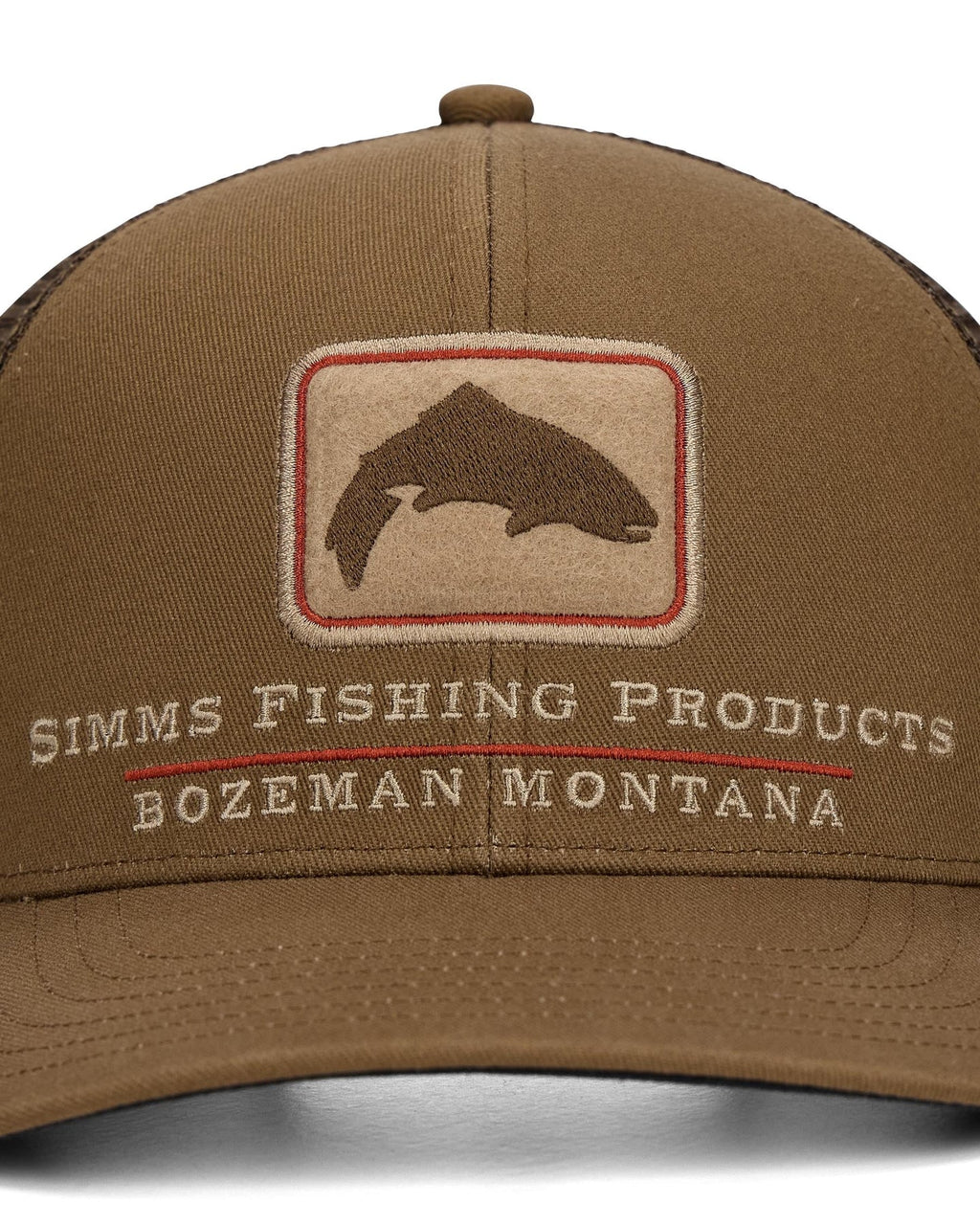 Brown cap with Simms Fishing Products logo and text on a white background