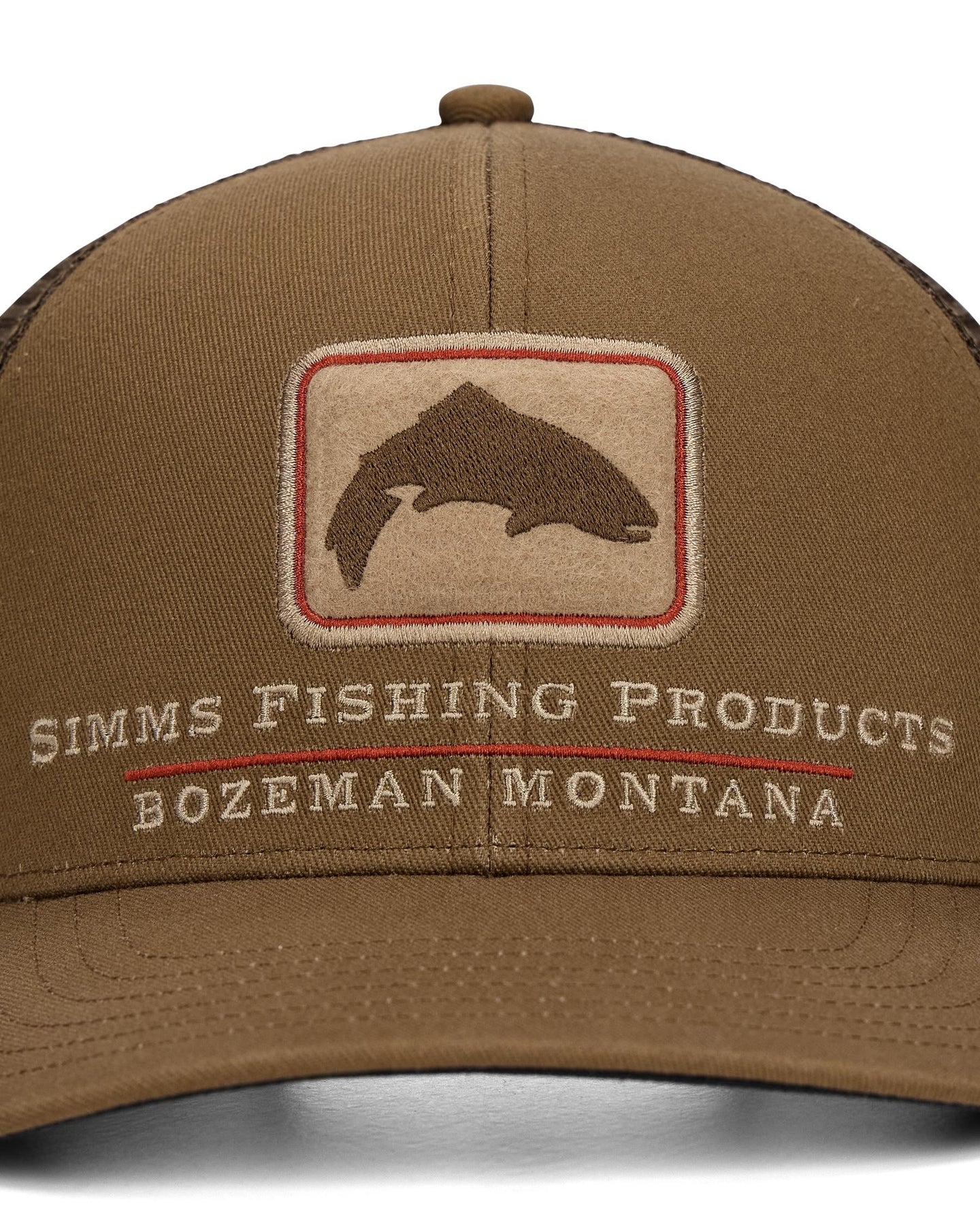 Brown cap with Simms Fishing Products logo and text on a white background