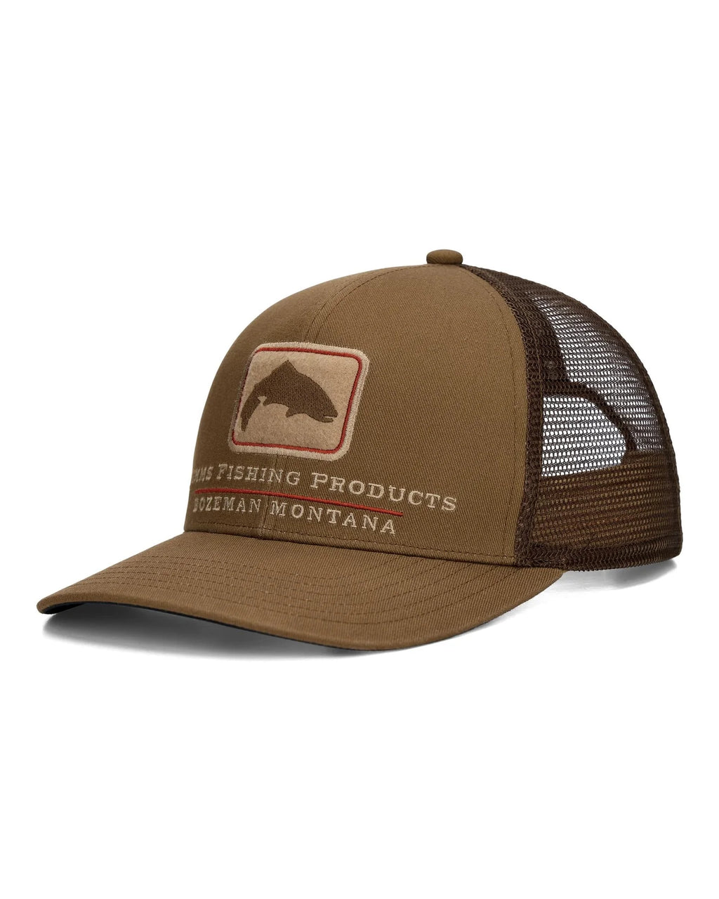 Brown fishing cap with mesh back and logo on a white background