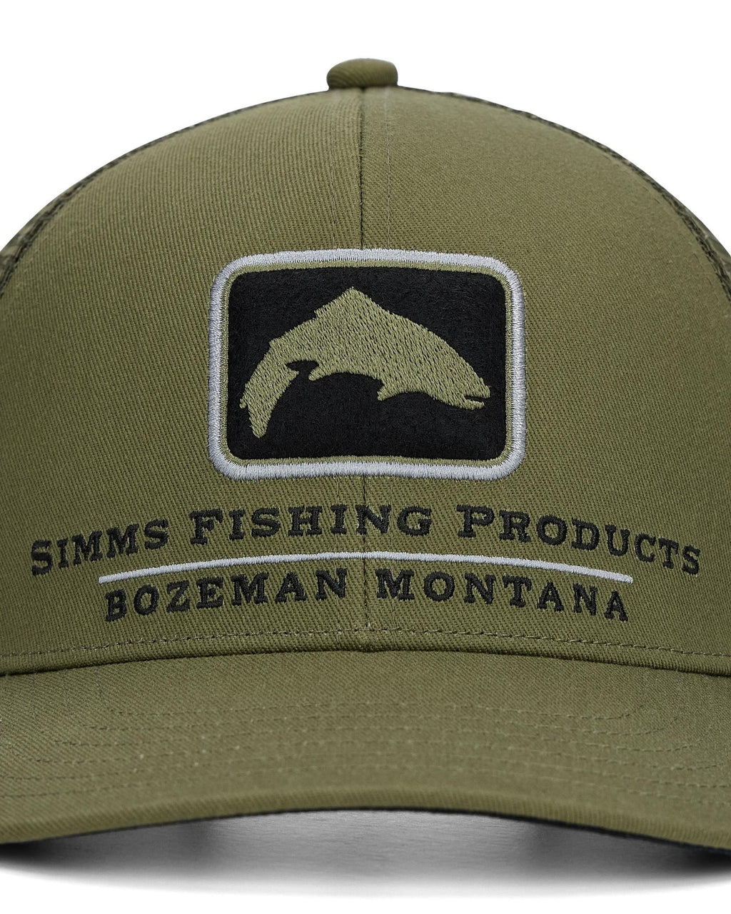 Green cap with Simms Fishing Products logo and text on a white background