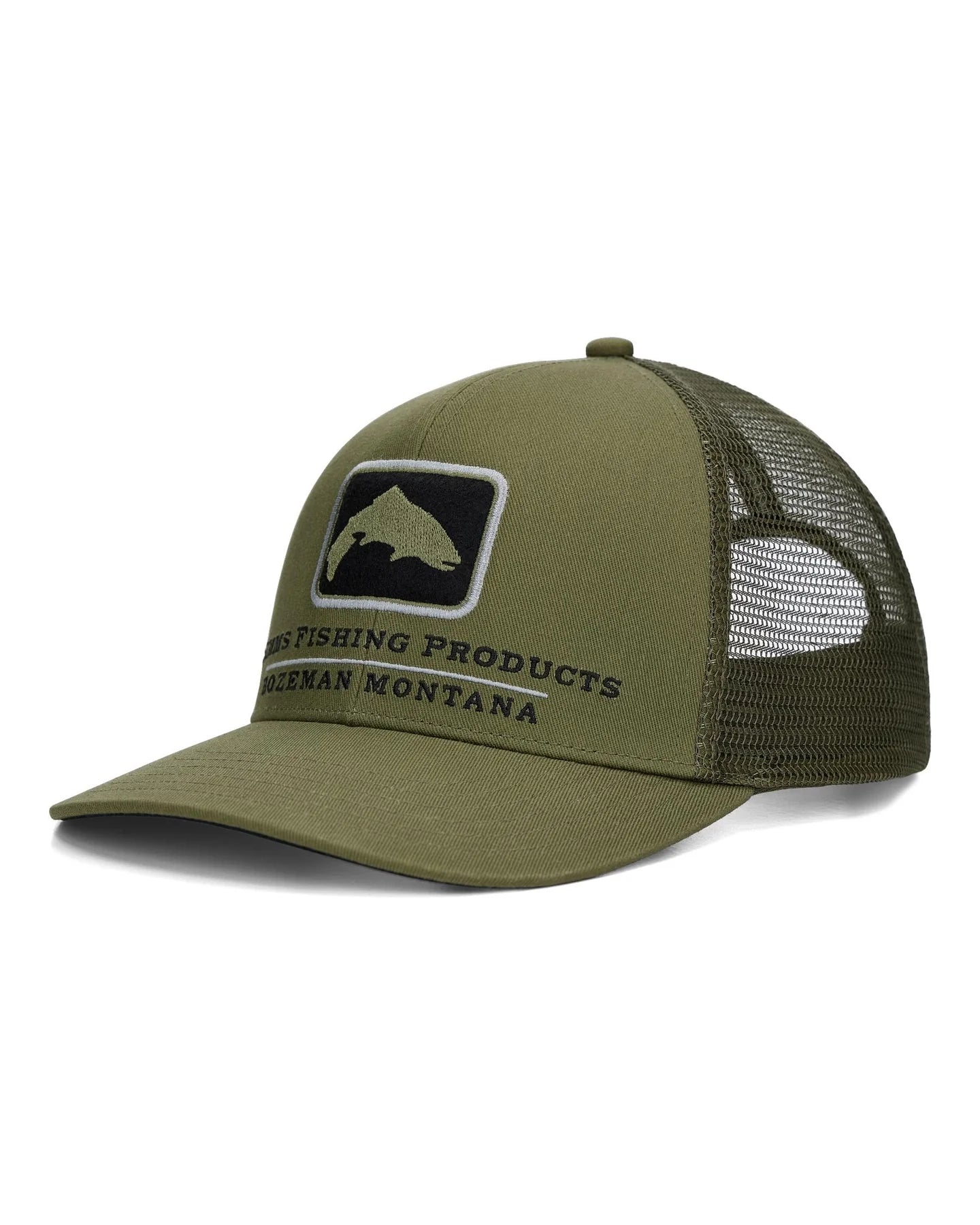 Green trucker cap with mesh back and logo on a white background
