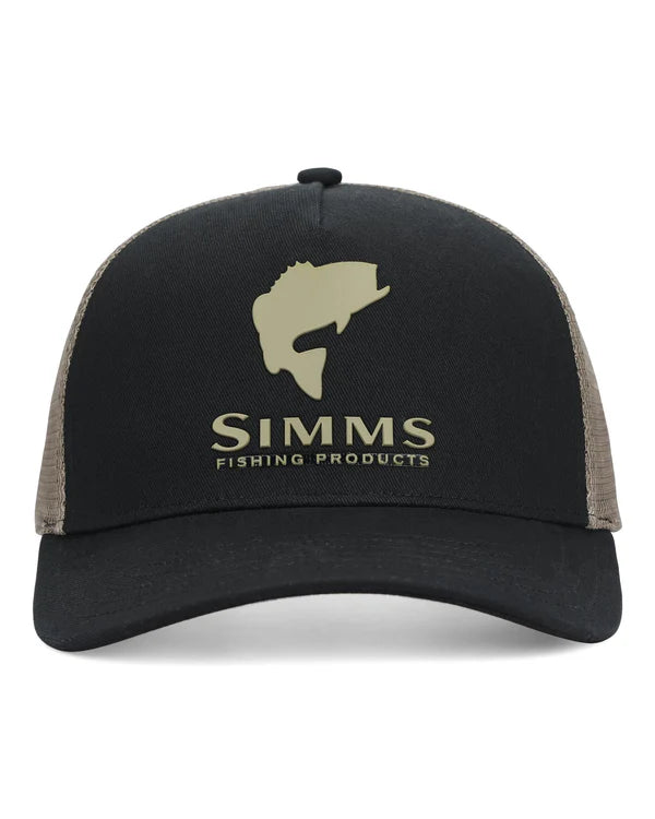 Black and brown cap with Simms Fishing Products logo on a white background