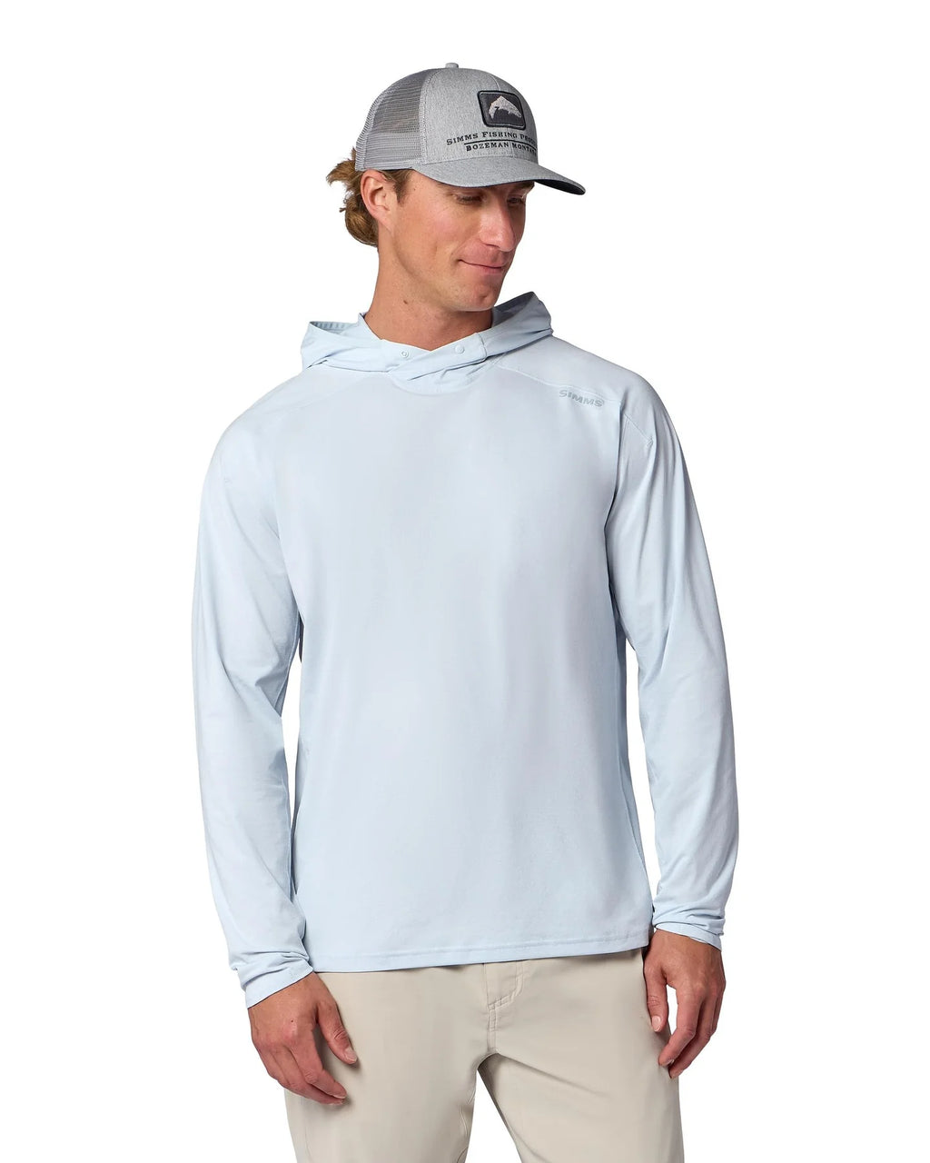 Man wearing blue hoody on a white background