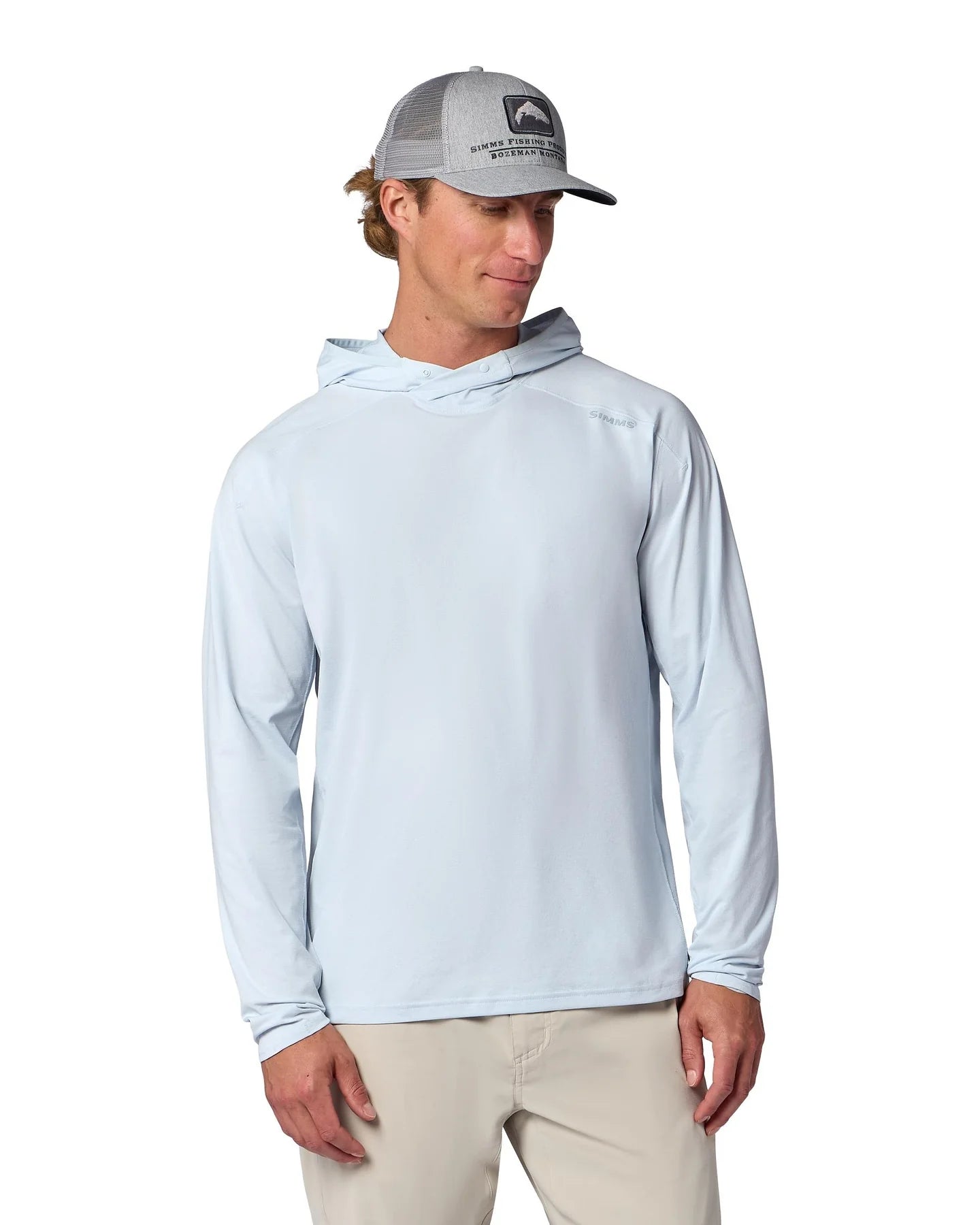Man wearing blue hoody on a white background