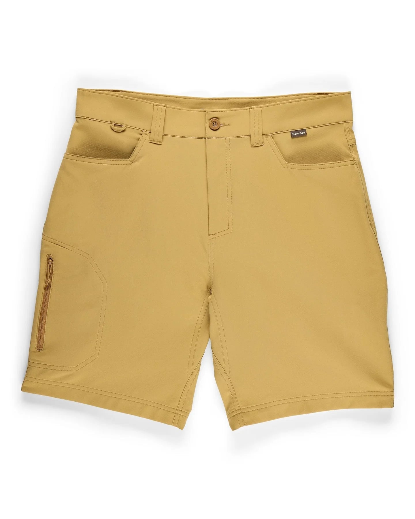 Beige shorts with a visible brand logo on a white background