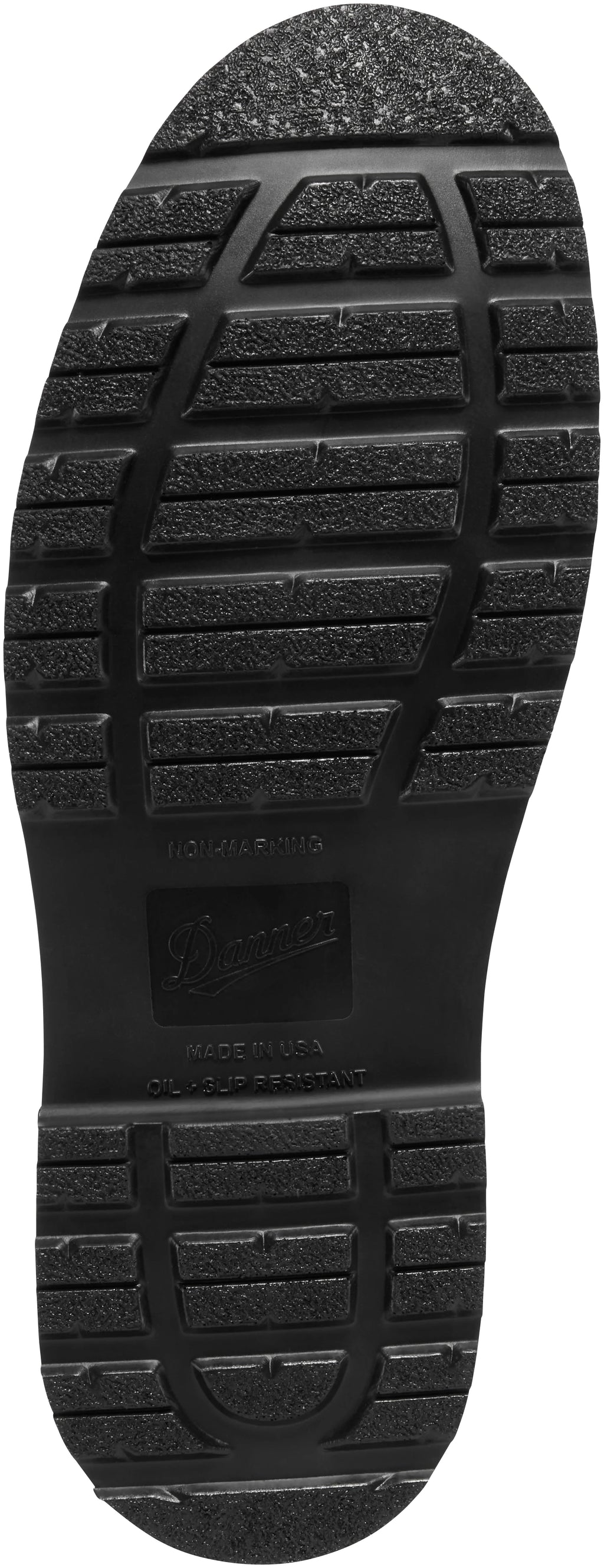 Close-up of black boot sole with tread pattern and brand logo.