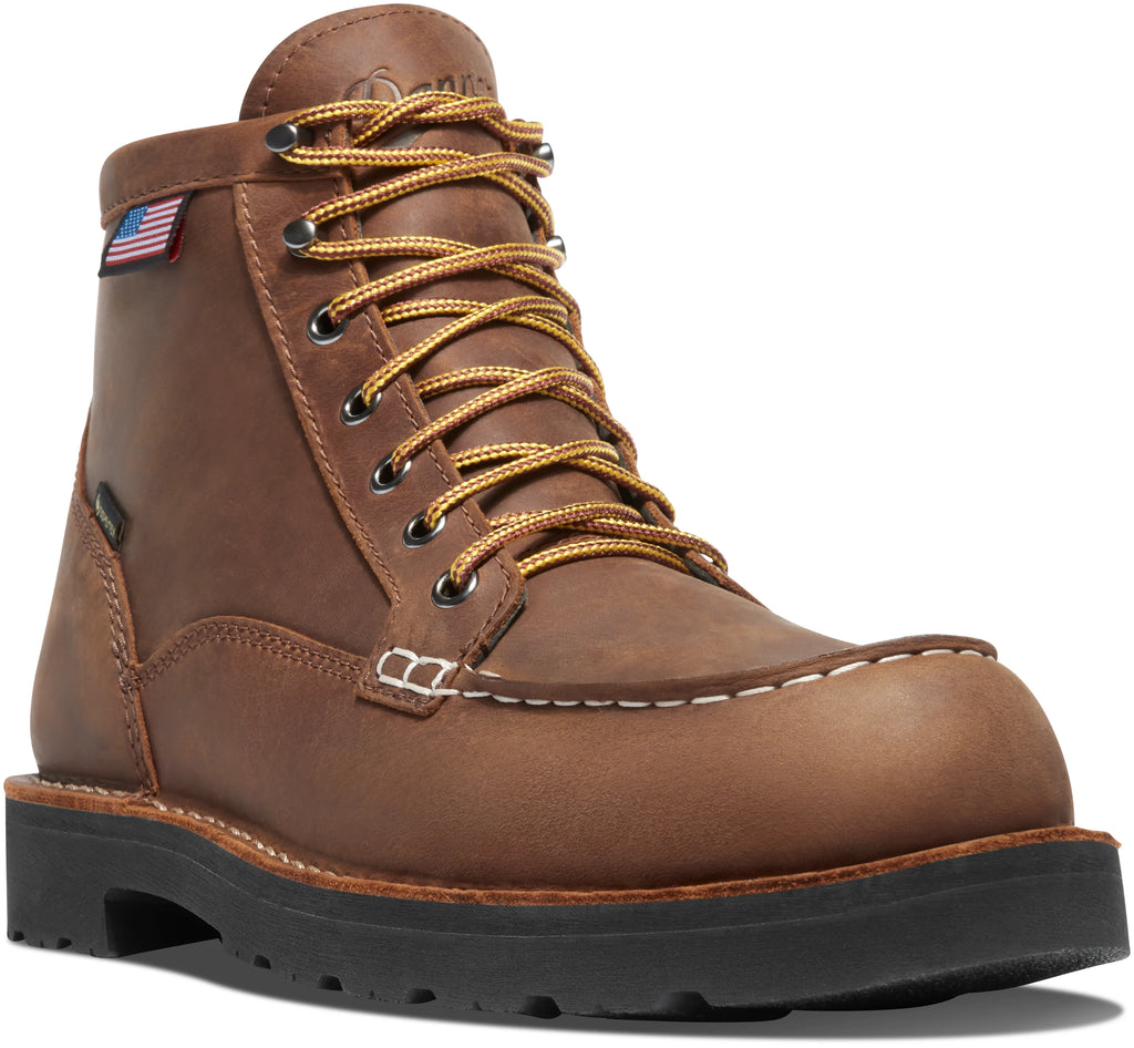 Brown leather boot with yellow laces on a white background
