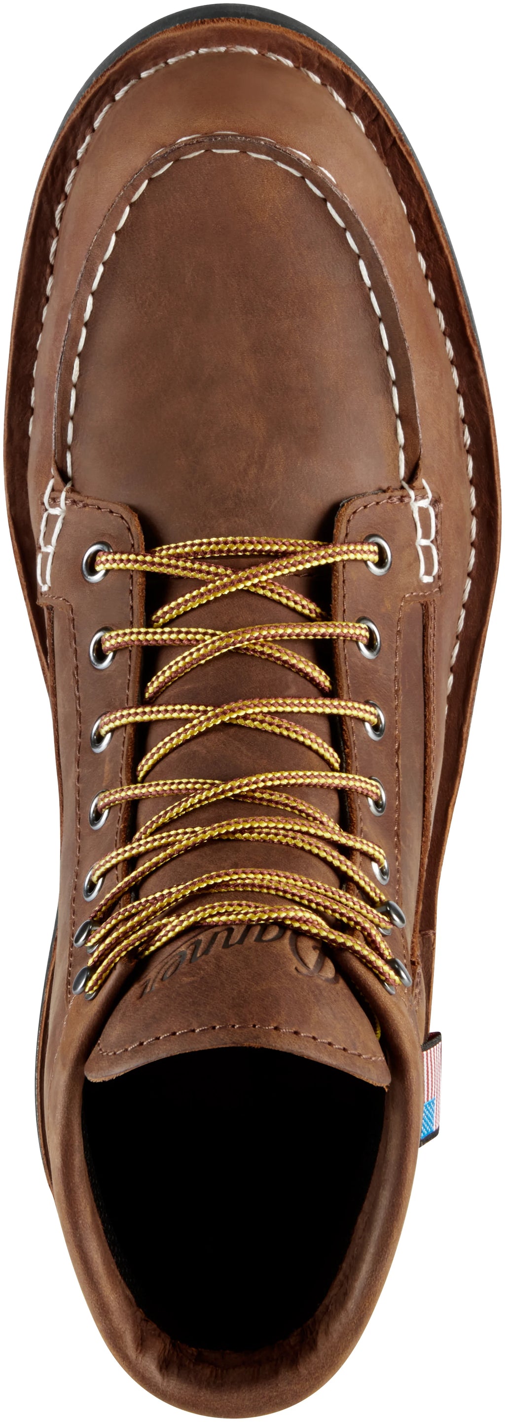 Brown leather boot with yellow laces on a white background