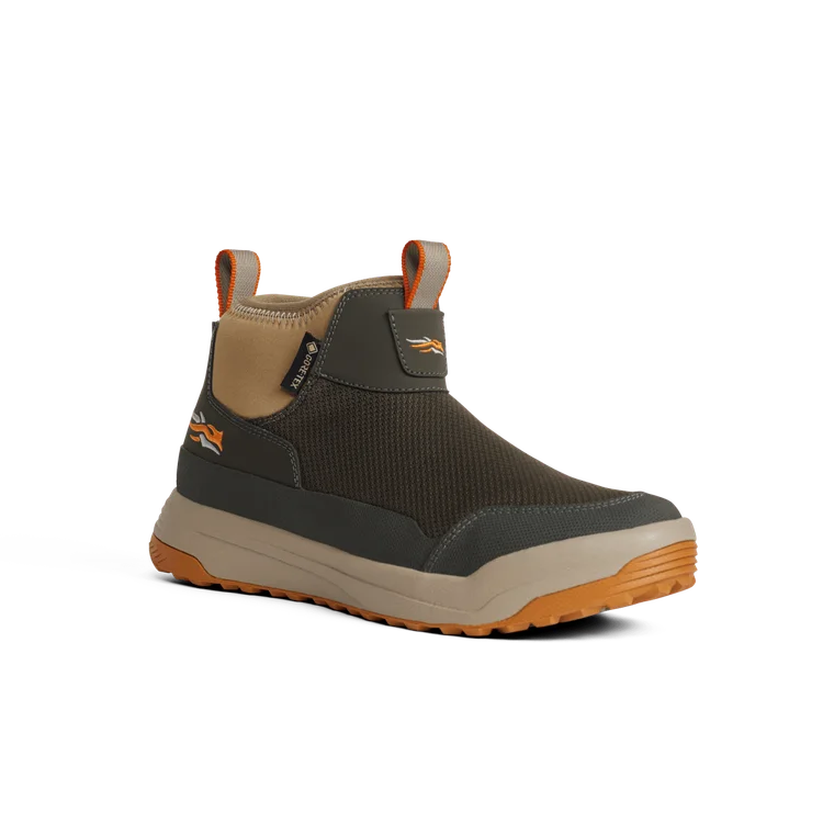 Brown and beige boot with orange accents on a white background