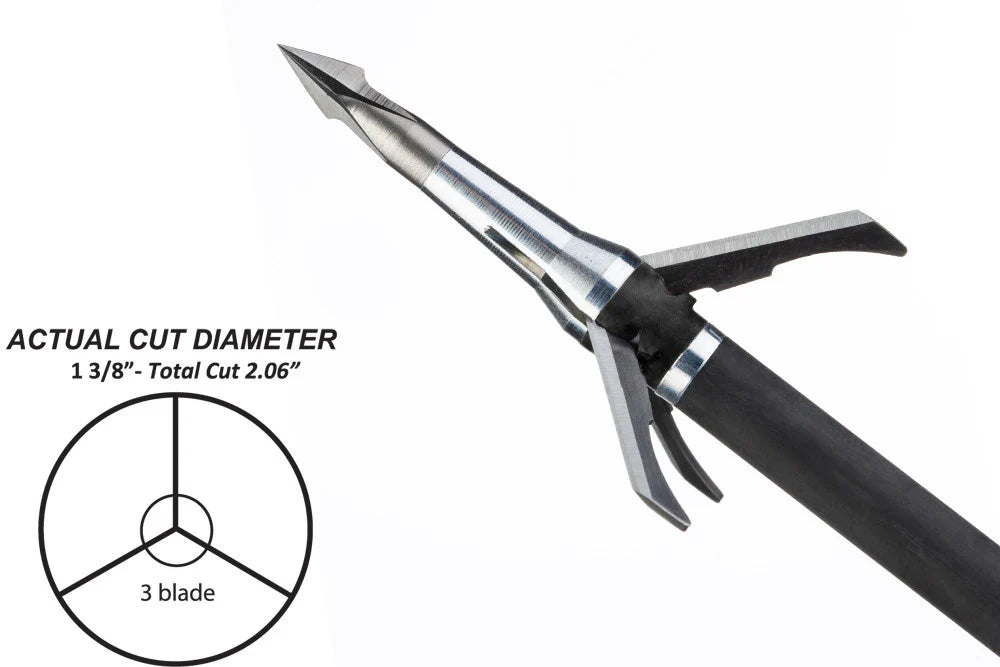 Archery broadhead with cut diameter measurement on a white background