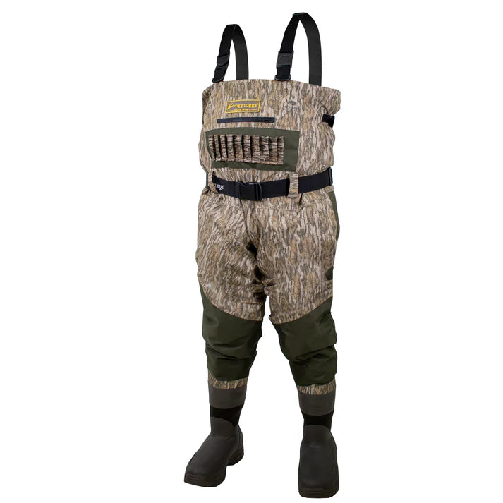 Camouflage waders with a belt and boot straps on a white background