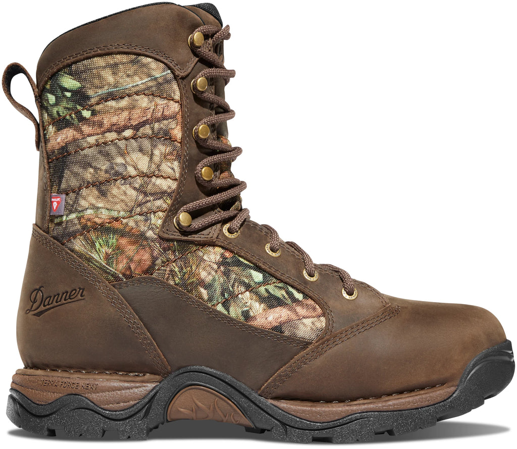 Brown hunting boot with camouflage pattern on a white background