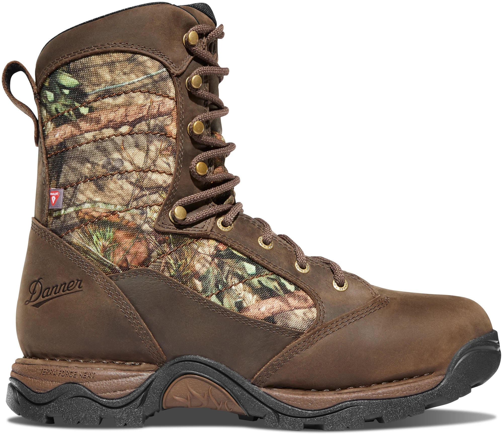 Brown hunting boot with camouflage pattern on a white background