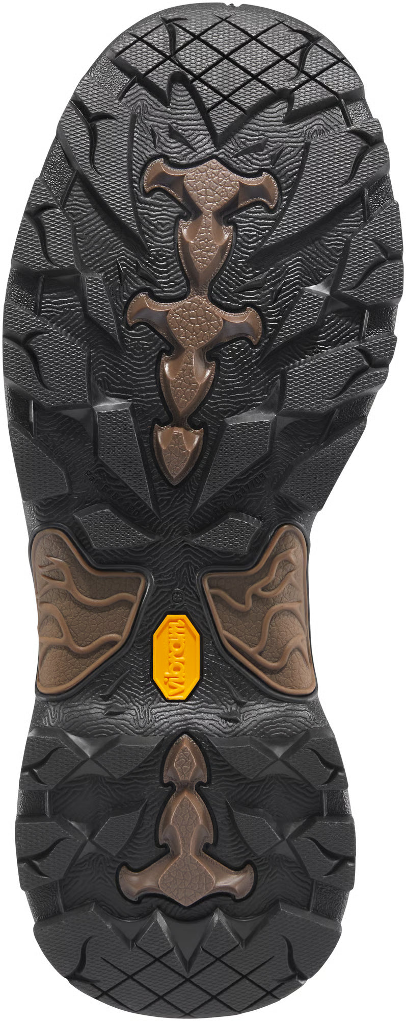 Close-up of a hiking boot sole with tread pattern and brand logo.