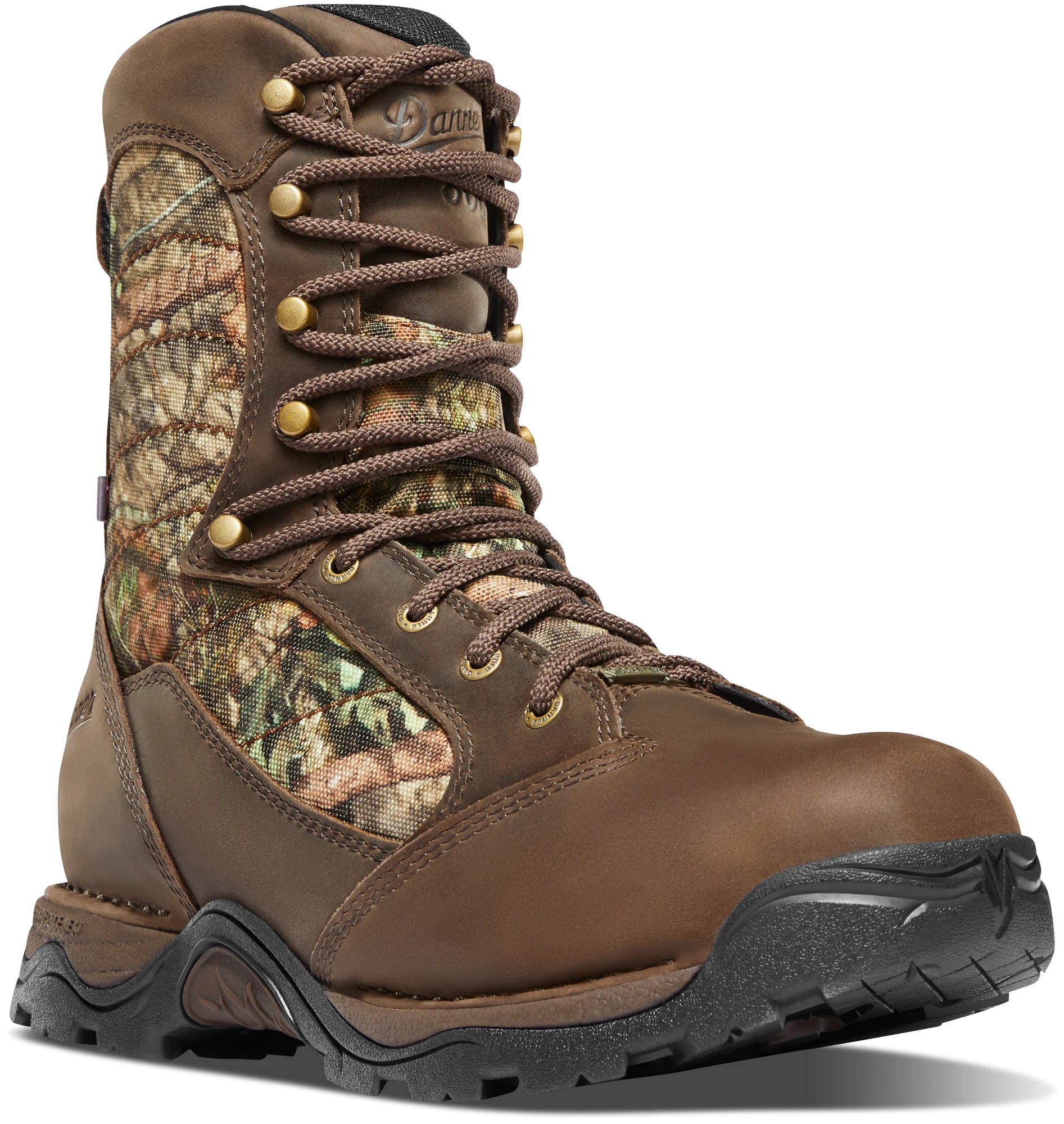 Brown hunting boot with camouflage pattern on a white background
