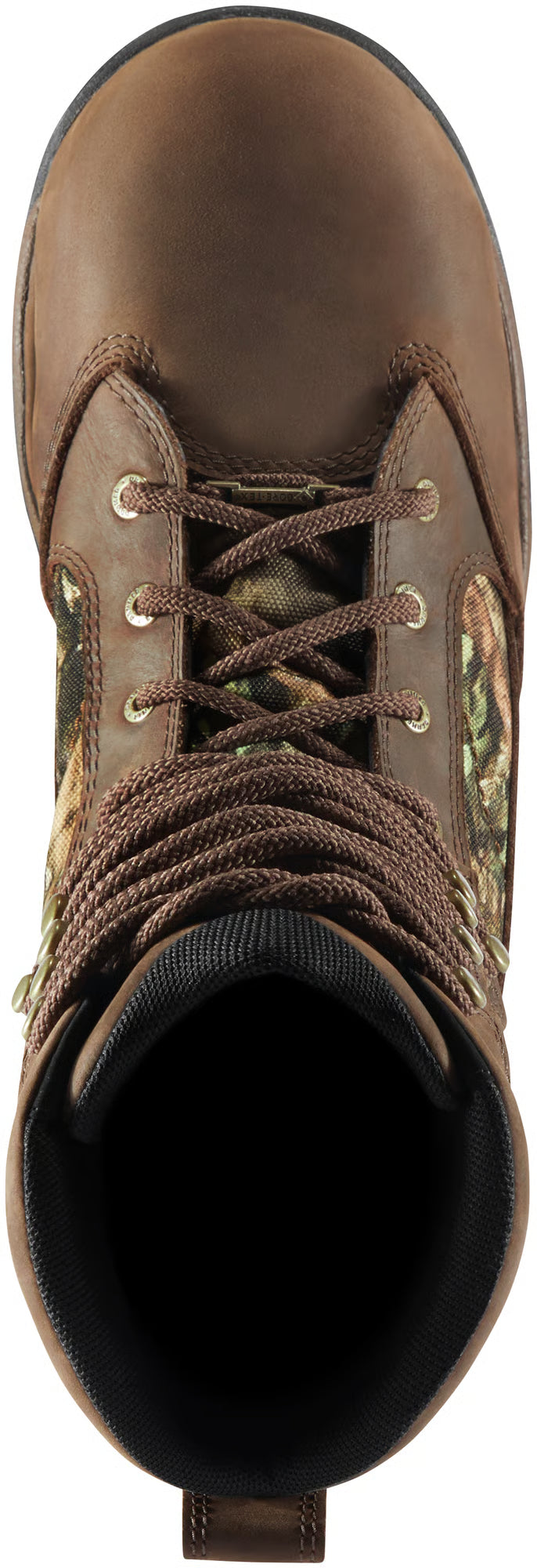 Brown leather boot with camouflage pattern on a white background