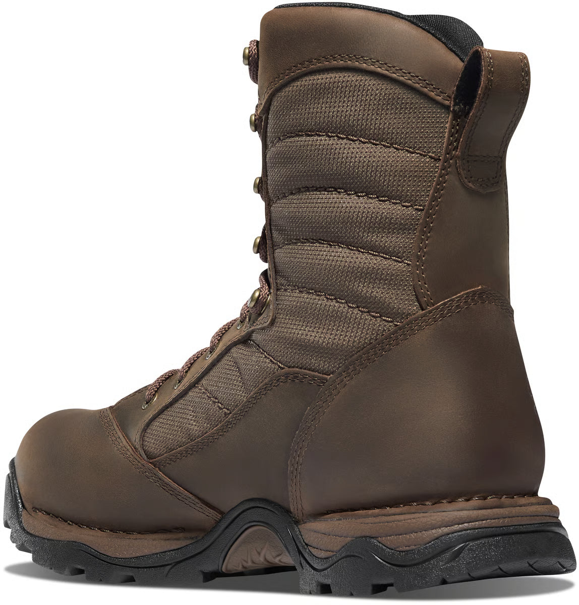 Brown boot with black sole on a white background
