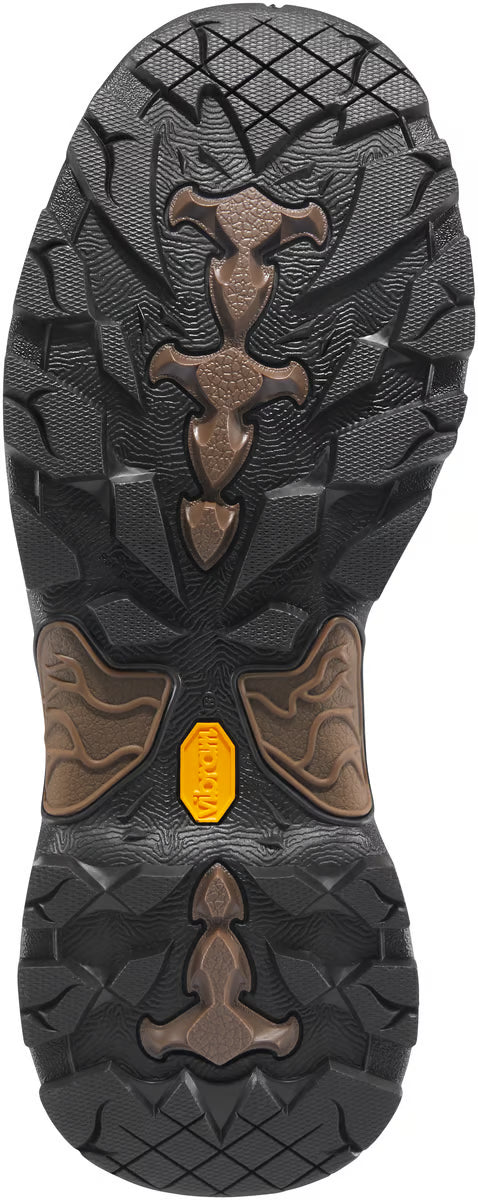 Close-up of a hiking shoe sole with tread pattern and brand logo.