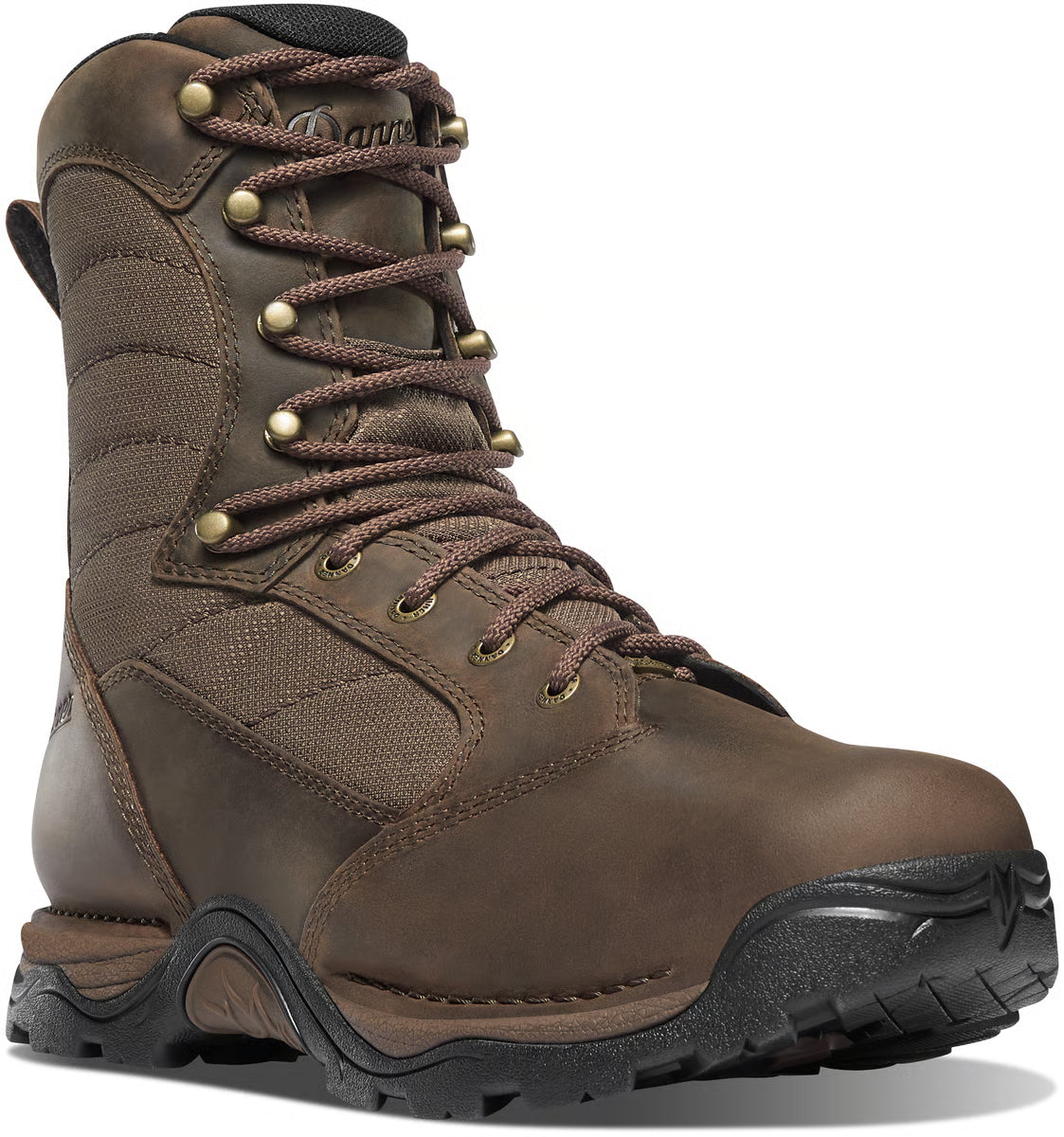Brown hiking boot with black sole on a white background