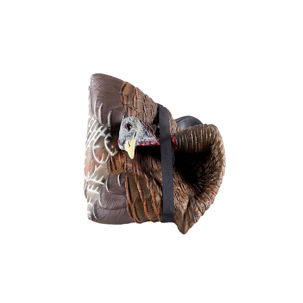 Collapsible turkey decoy with a black strap on a white background