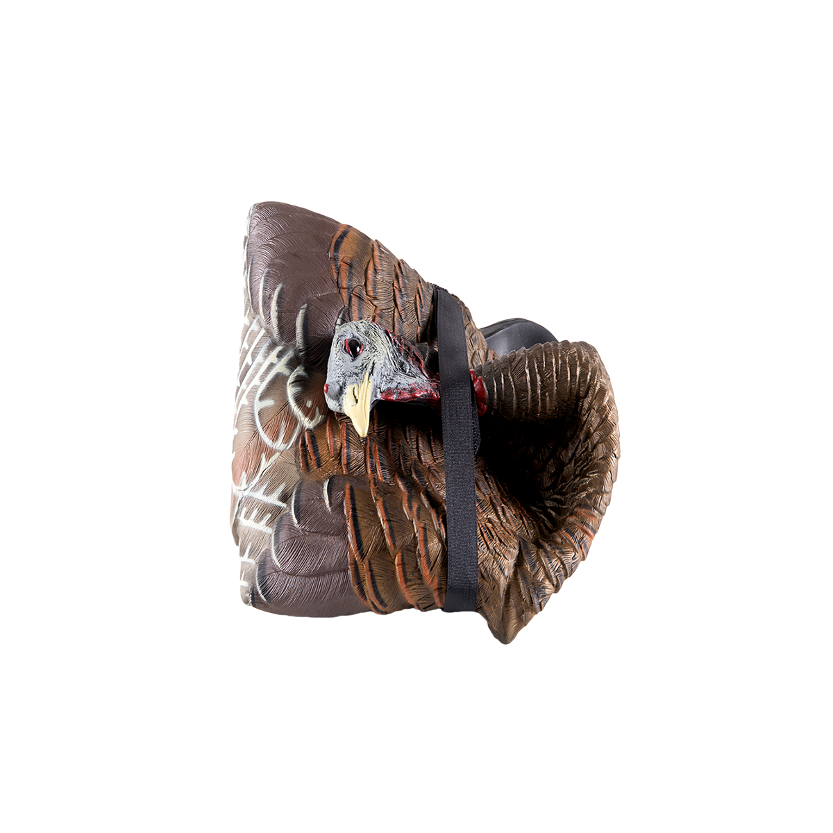 Collapsible turkey decoy with a black strap on a white background