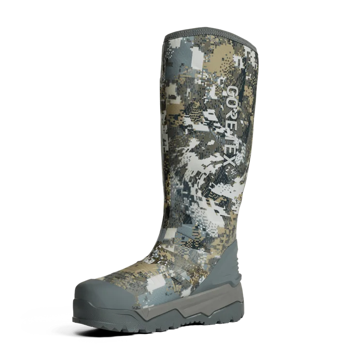 Camouflage-patterned boot with GORE-TEX branding on a white background