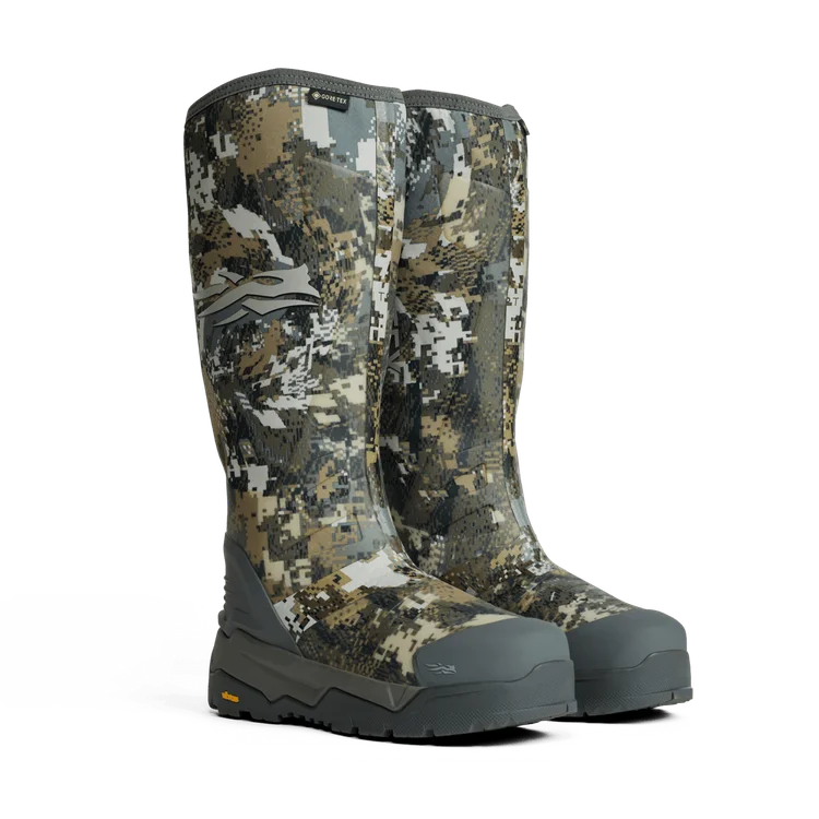 Camouflage hunting boots on a white background