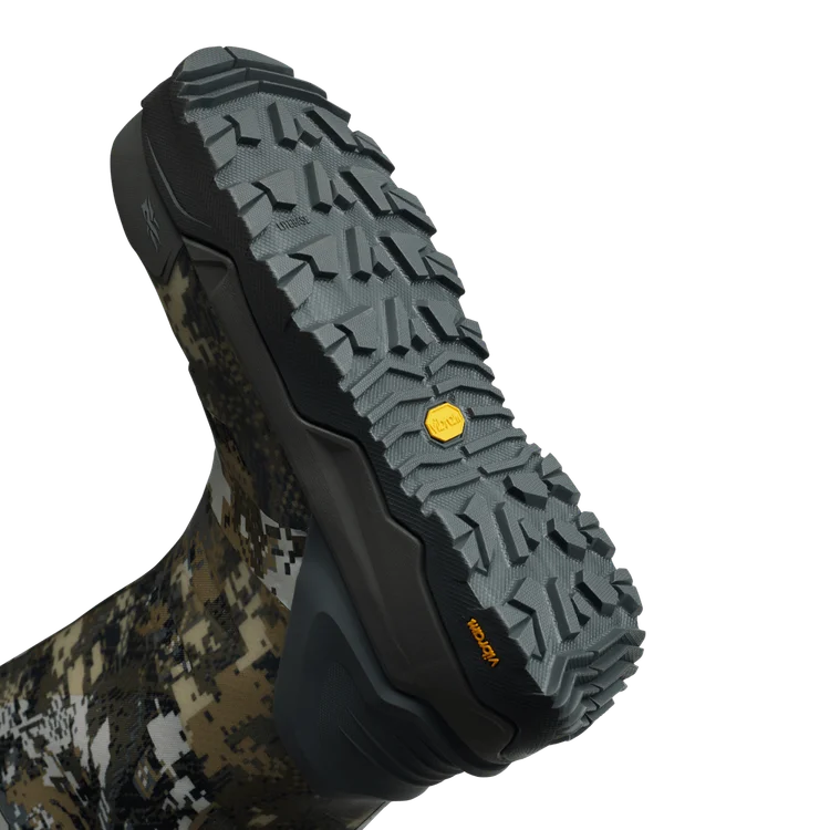 Camouflage boot with a close-up of the sole on a white background