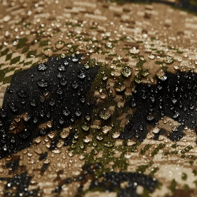 Close-up of water droplets on camouflage fabric
