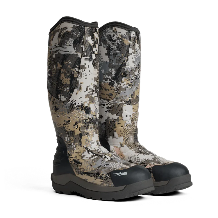 Camouflage hunting boots on a white background
