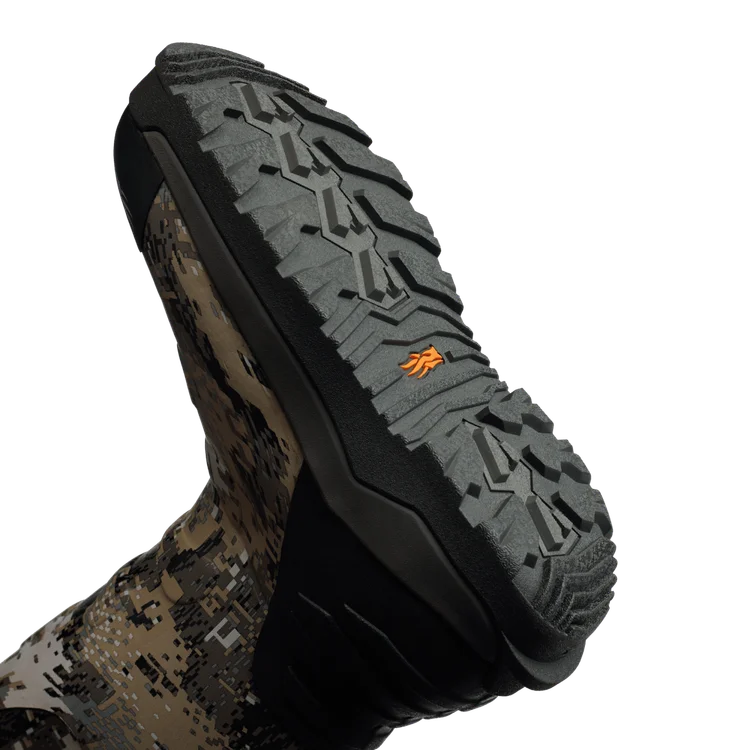 Camouflage boot with a detailed sole on a white background