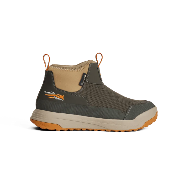 Brown and beige boot with a visible brand logo on a white background