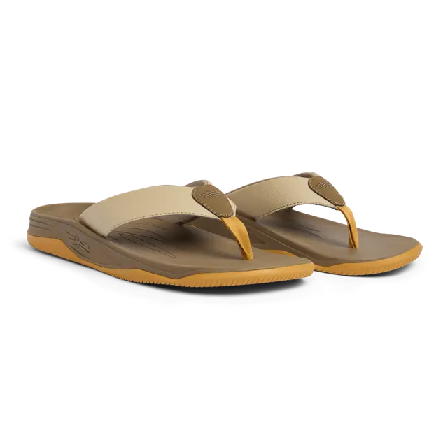 Pair of tan and brown sandals on a white background