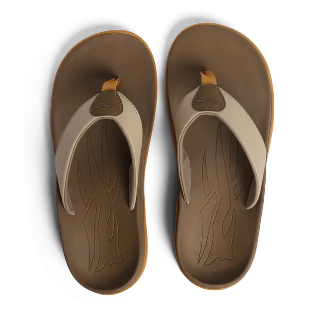 Pair of brown flip-flops with a white sole on a white background