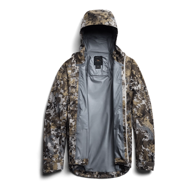 Camouflage jacket with a hood on a white background